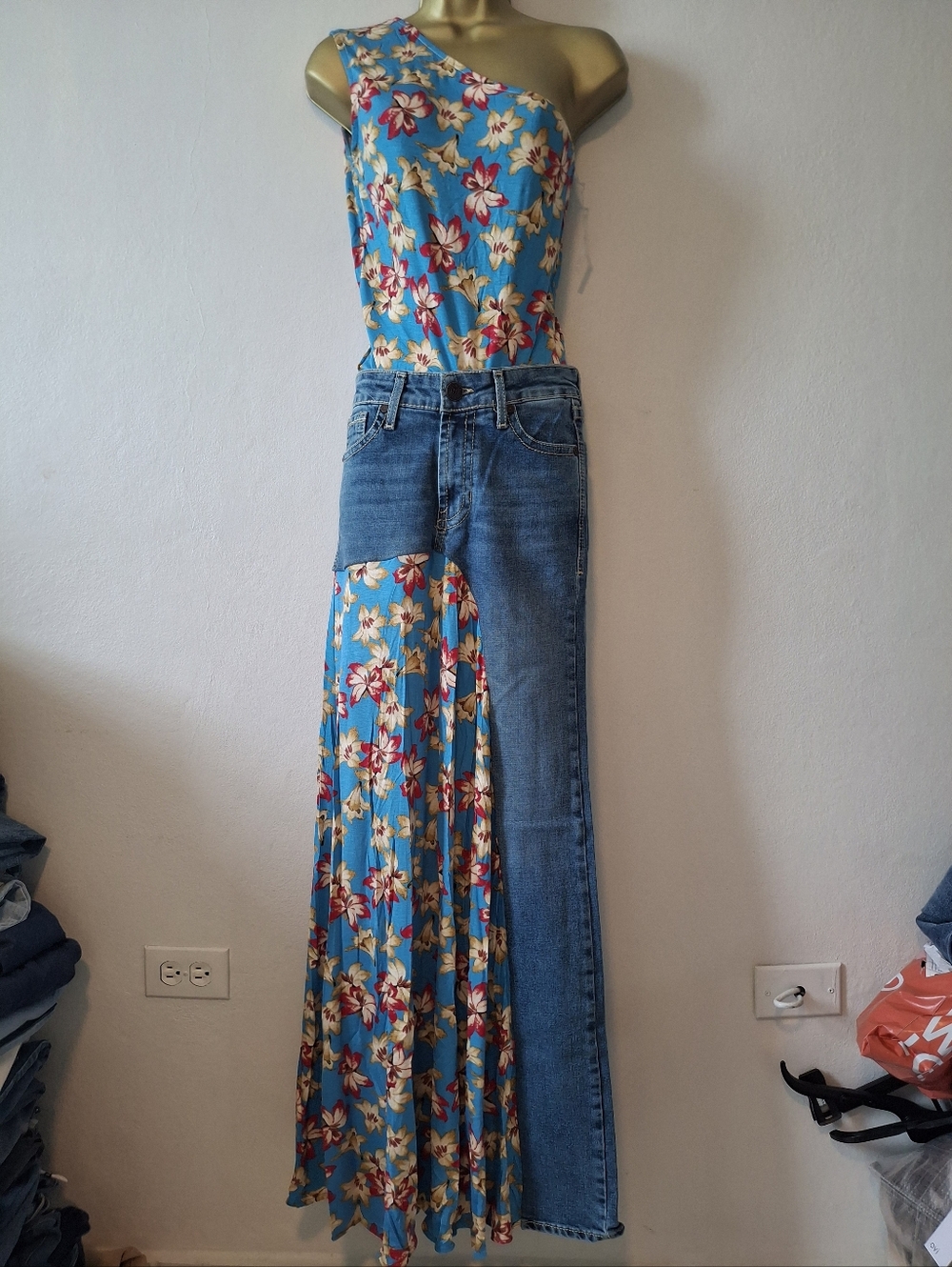 One-Shoulder Blue Floral Maxi Dress with Denim Skirt Panel